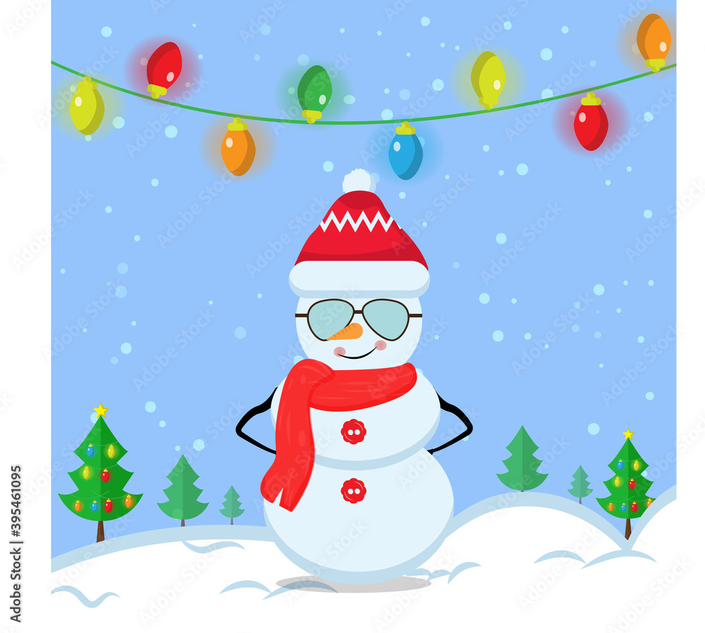 Illustration vector graphic of cartoon cool snowman using santa claus hat, red scarf, glasses. Blue background. Fit for Christmas icons, Christmas stickers, Christmas book covers.