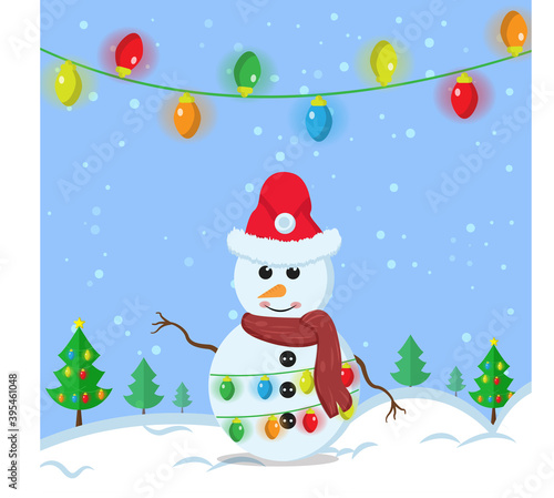 Illustration vector graphic of the cartoon happy snowman using santa claus hat  red scarf  christmas light. Blue background. Perfect for Christmas icons  Christmas stickers  Christmas book covers.