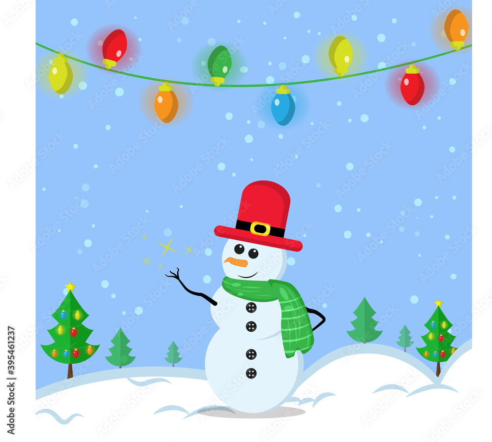 Illustration vector graphic of the cute snowman using santa hat and green scarf want to catch snow. Blue background. Fit for Christmas icons, Christmas stickers, Christmas book covers.