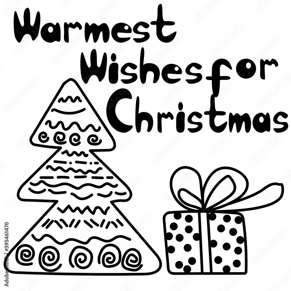 Warmest Wishes For Christmas. Holiday card with wishes, coloring page with Christmas tree and gift