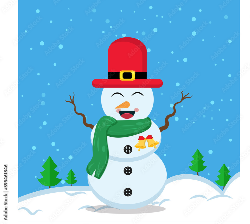 Illustration vector graphic of the happy snowman wearing santa hat and green scarf. Blue background. Fit for Christmas icons, Christmas stickers, Christmas book covers.
