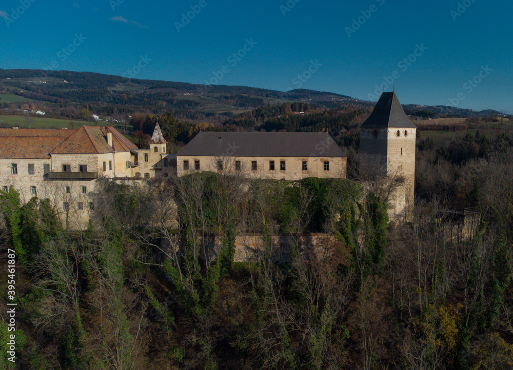 Thalberg castle or burg, picturesque fortress in eastern Austria rising on a small hill on a sunny day in autumn. Old fortification on the top of the hill.