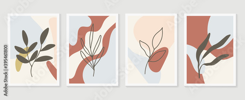 Botanical wall art vector set. Foliage line art drawing with abstract shape.  Abstract Plant Art design for print, cover, wallpaper, Minimal and  natural wall art. Vector illustration.