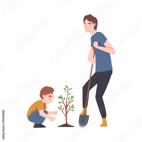 Man Father and His Kid Planting Tree Sapling with Shovel Vector Illustration