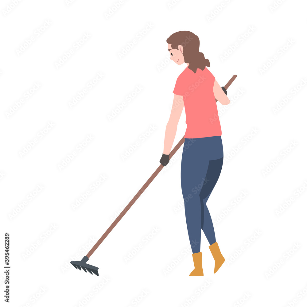 Young Female with Rake Gathering Foliage in the Garden Vector Illustration Young Female with Rake Gathering Foliage in the Garden Vector Illustration