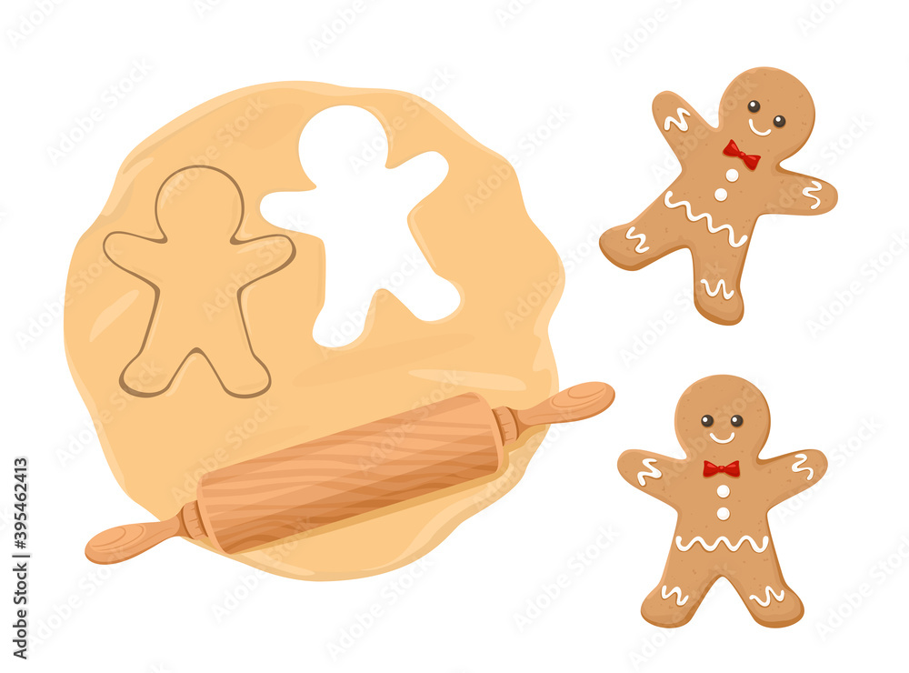 Cooking gingerbread men. Raw dough, rolling pin and gingerbread cookies. Christmas or New Year vector illustration. Cartoon flat style. Cooking gingerbread men. Raw dough, rolling pin and gingerbread cookies. Christmas or New Year vector illustration. Cartoon flat style.