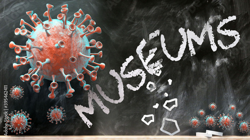 Fotografie, Obraz Covid and museums - covid-19 viruses breaking and destroying museums written on