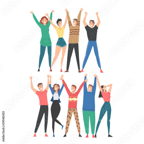 Group of People Characters Standing Together with Raising Hands Vector Illustration Set