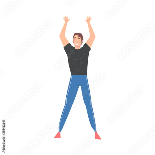 Young Man Standing with Raising Hands Celebrating Success Vector Illustration