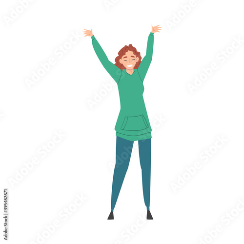Young Woman Standing with Raising Hands Celebrating Success Vector Illustration