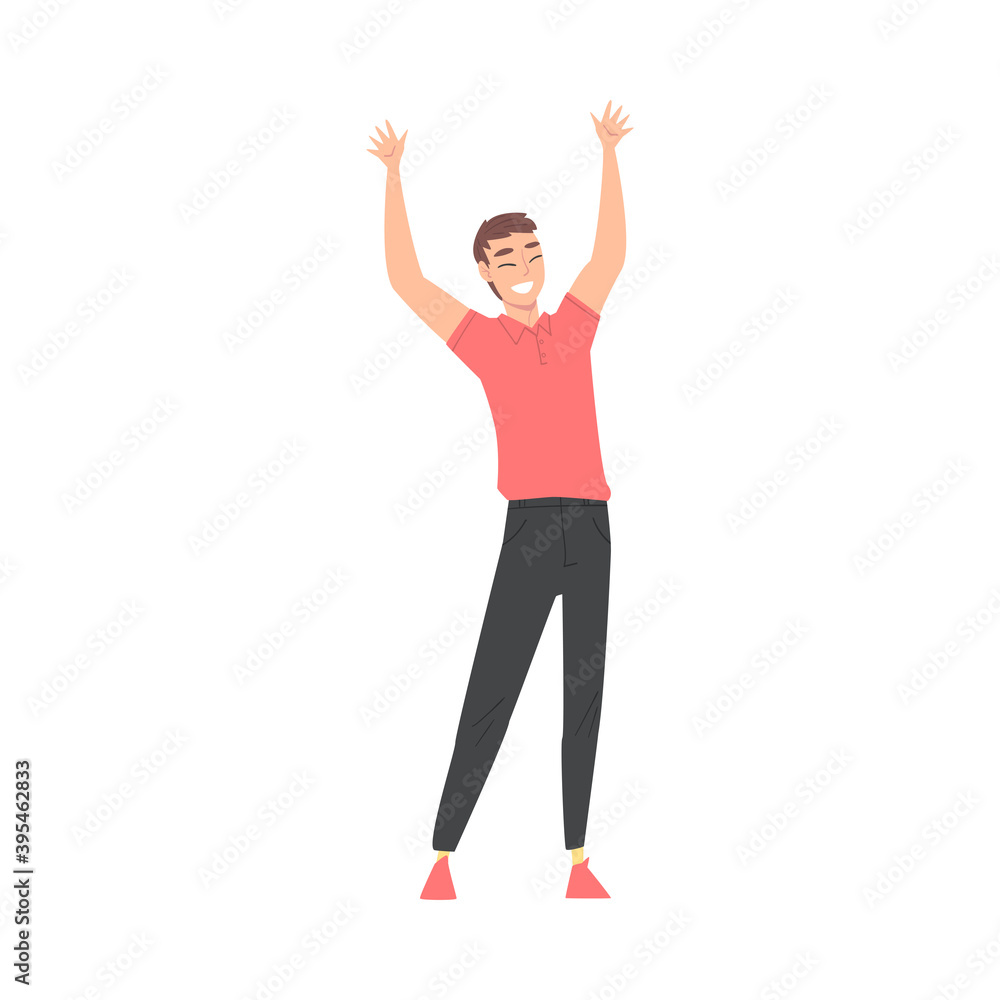 Young Man Standing with Raising Hands Celebrating Success Vector Illustration Young Man Standing with Raising Hands Celebrating Success Vector Illustration