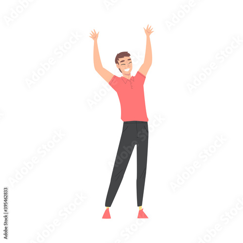 Young Man Standing with Raising Hands Celebrating Success Vector Illustration