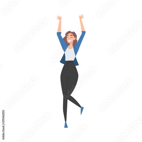 Young Woman Standing with Raising Hands Celebrating Success Vector Illustration