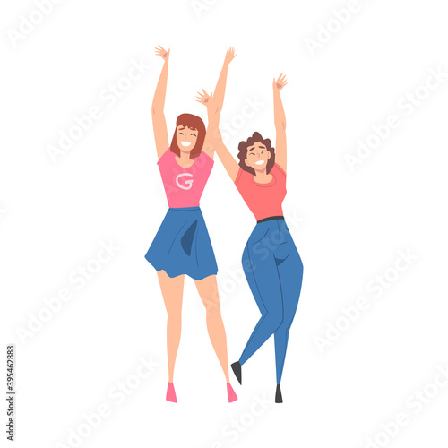Young Woman Friends Standing Together with Raising Hands Celebrating Success Vector Illustration