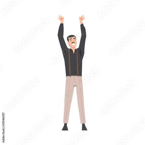Young Moustached Man Standing with Raising Hands Celebrating Success Vector Illustration