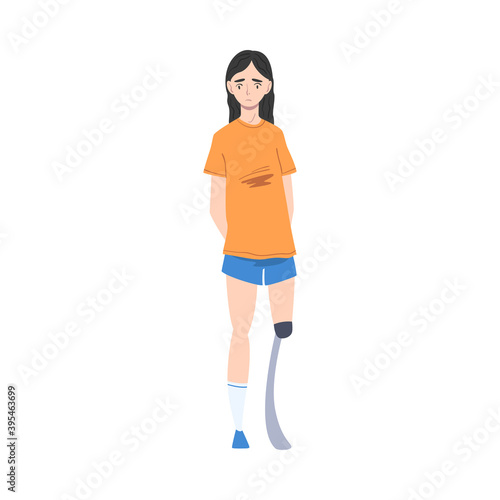 Handicapped Young Woman with Prosthetic Leg Feeling Sad Vector Illustration