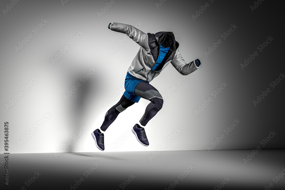 Abstract View Of Mannequin, wearing sports apparel sprinting on a white background. 3d Rendering.