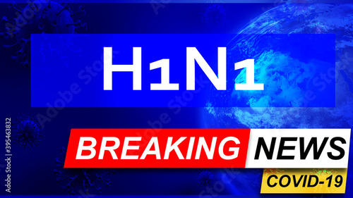 Covid and h1n1 in breaking news - stylized tv blue news screen with news related to corona pandemic and h1n1, 3d illustration