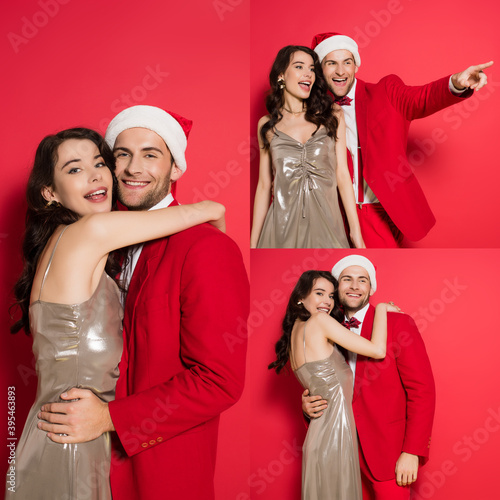 Collage of woman in dress embracing boyfriend in suit and santa hat on red background