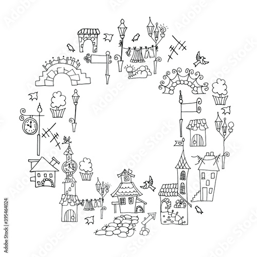 old town hand drawn cliparts on white background in circke shape. Place for own text in the centre. Thematic group isolated sketch for banner  tourism.