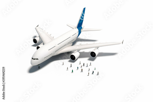 Group Of Architectural Figurines Walking Towards A Commercial Airplane, Studio Shot, Isolated Against White. Travel Concept. 3d Rendering.