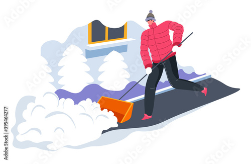Male character cleaning road from snow by house