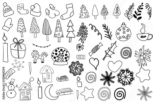 Winter, New Year, Christmas outline icons Big set. Christmas trees, toys, snowman, sleigh, branches, stars, snowflakes
