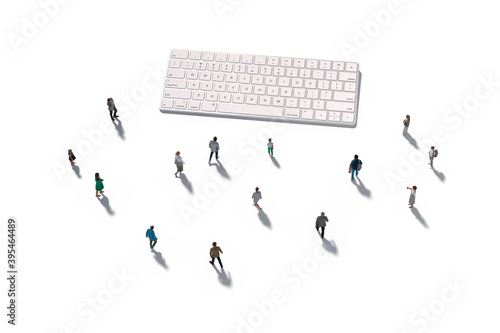 Group Of Architectural Figurines Walking Towards A Computer Keyboard, Flat Lay Variation, Isolated Against White. Communication Concept. 3d Rendering.