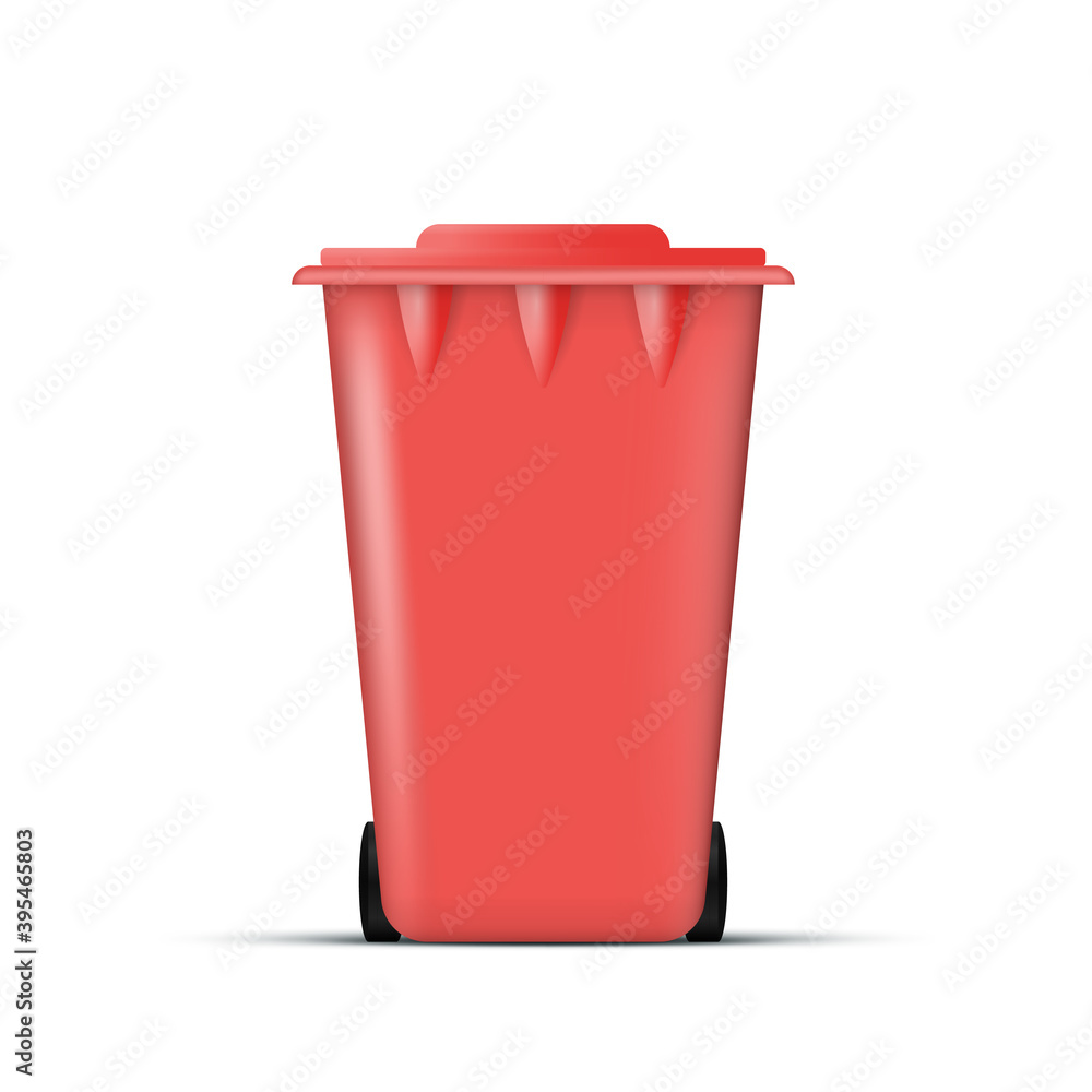 Realistic red trash can. Waste bin with lid and wheels. Eco concept. Vector. Realistic red trash can. Waste bin with lid and wheels. Eco concept. Vector.