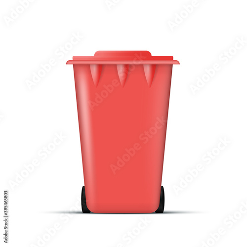 Realistic red trash can. Waste bin with lid and wheels. Eco concept. Vector.