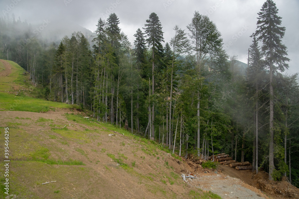Curvy dirt road down a mountain side or slope