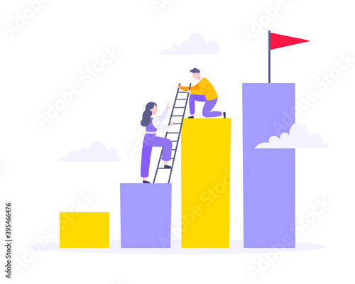 Career climbing and supporting with giving a helping hand business concept flat style design vector illustration. Collective teamwork and partnership or mentoring metaphor.