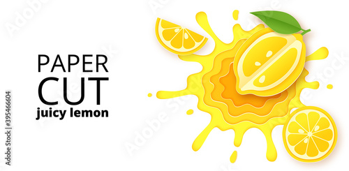 Paper cut lemon juice splashes and drops. Isolated on white background