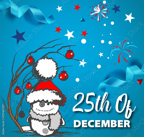 Merry Christmas! Happy Christmas companions. Snowman,with snowballs in Christmas scene. Christmas greeting card, vector illustration