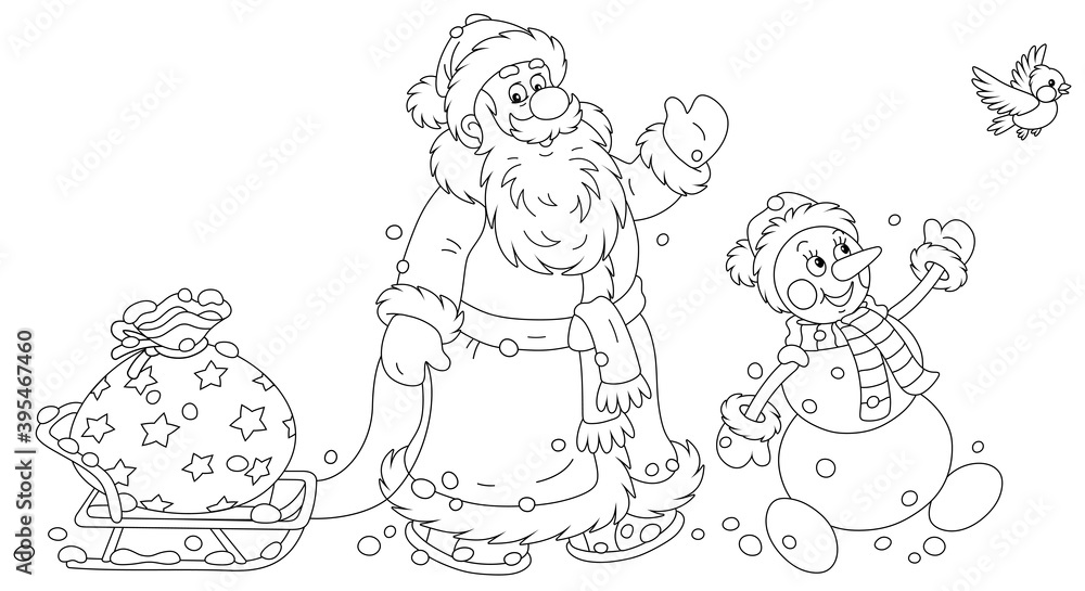 Santa Claus and a funny snowman carrying a big bag of winter holiday gifts on a toy sledge, black and white outline vector cartoon illustration for a coloring book page Santa Claus and a funny snowman carrying a big bag of winter holiday gifts on a toy sledge, black and white outline vector cartoon illustration for a coloring book page