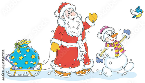 Santa Claus and a funny snowman carrying a big bag of winter holiday gifts on a toy sledge, vector cartoon illustration isolated on a white background