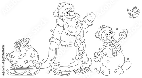 Santa Claus and a funny snowman carrying a big bag of winter holiday gifts on a toy sledge, black and white outline vector cartoon illustration for a coloring book page