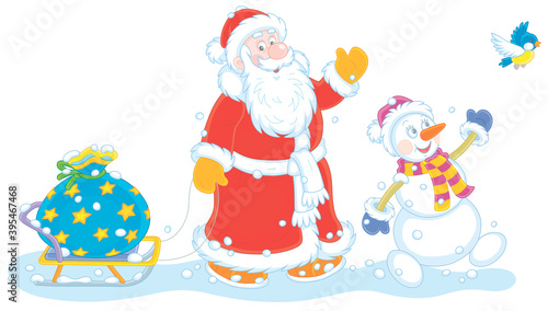 Santa Claus and a funny snowman carrying a big bag of winter holiday gifts on a toy sledge, vector cartoon illustration isolated on a white background