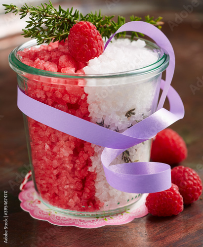 Homemade raspberry salt with fresh berries and coarse sea salt