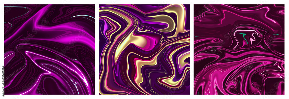 Fototapeta premium collection of three Vivid liquid digital art background with different colors shades in dynamic composition