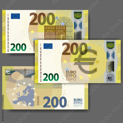 Set of new paper money in the style of the European Union. Yellow 200 euro banknote with retro window and bridge. EPS10