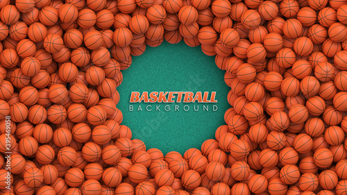 Basketball balls background. Many orange basketball balls on court rubber flooring. Realistic vector background