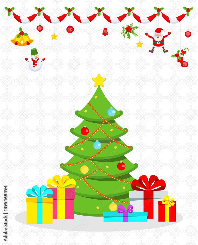 Christmas tree with gifts and garlands flat vector card.