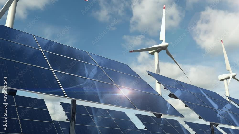 Solar panel cells and rotating wind turbines on the green energy farm. Power generators produce electricity with wind and solar panels with sunlight. This is ecologically clean industry, 3d animation.