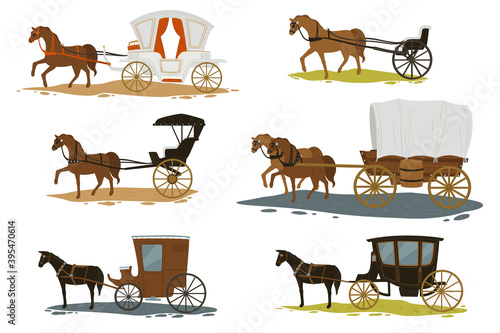 Stampa su Tela Horses with carriage, transport in past vector