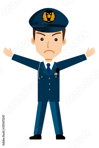 働く人制止のポーズをする制服を着た警官・警察官・お巡りさんのイラスト若者青年