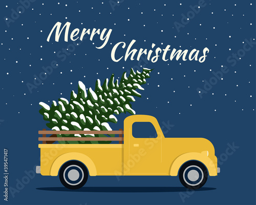 Vintage yellow truck with Christmas tree. Poster. Vector flat illustration