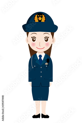 働く人直立している制服を着た婦人警官・警察官・お巡りさんのイラスト若者青年笑顔
