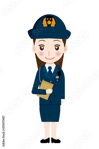 働く人直立書類を持つ制服を着た警官・警察官・お巡りさんのイラスト若者青年笑顔