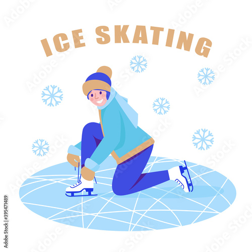 The girl on the rink tightens the lacing of her shoes with skates. Ice skating inscription. Vector illustration in flat style.